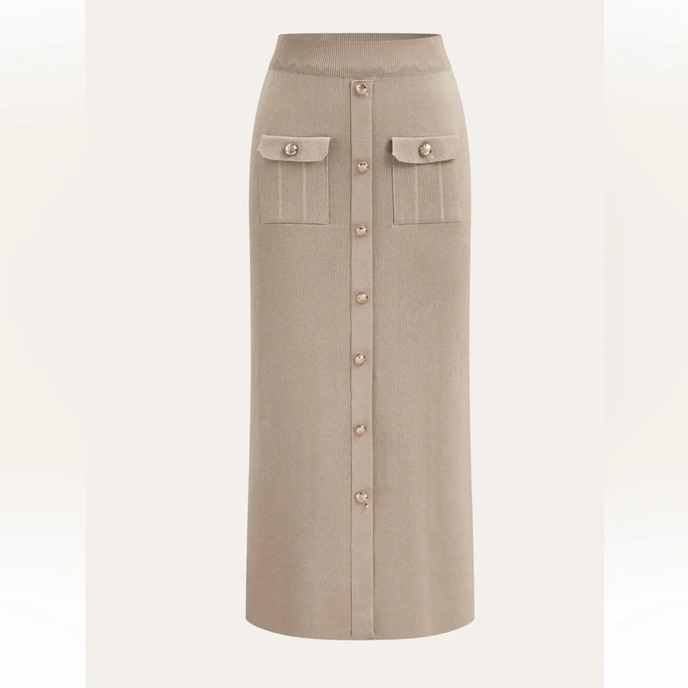 Commense Taupe Knit Crop Jacket & Button-Front Maxi Skirt Set - Picture 3 of 7